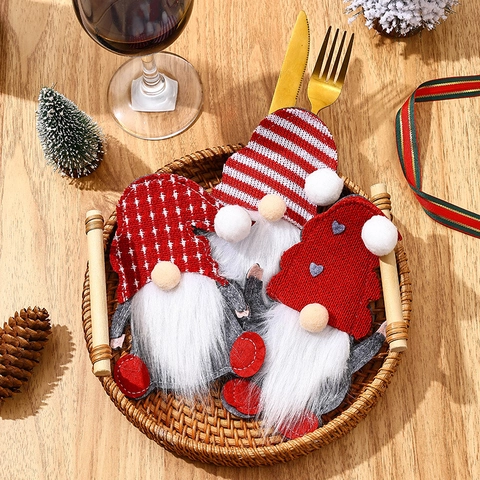 Porte-Couverts De Noël Gnome Poches À Argenterie Sans Visage Feutre Tricoté Décorations De Table À Dîner Festif