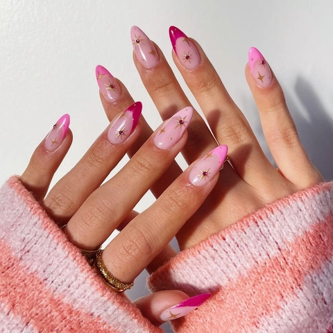 Almond Shape French Tip Press On Nails Pink Gradient Long False Nails With Golden Stars Rhinestones For Women