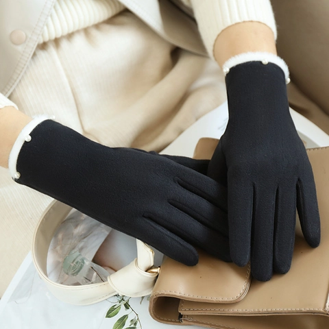Women Winter Touch Screen Gloves Dralon Warm Plush Faux Fur Cuff Artificial Pearl Decor Elegant Driving Outdoor Accessory