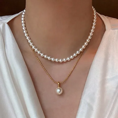 French Vintage Artificial Pearl Necklace With Zircon Pendant Elegant Jewelry For Women Layered Floral Heart Design
