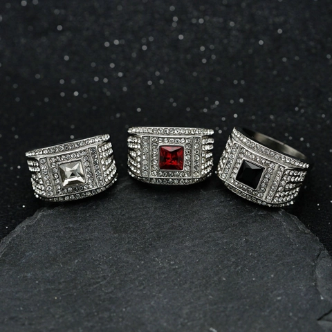 Hip Hop 316 Stainless Steel Men Ring Pavé Rhinestone Square Red White Black Gemstone Wide Band Ring Party Jewelry