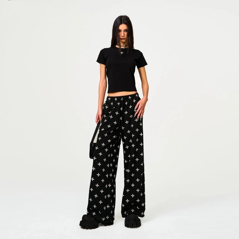 Pantalones De Pierna Ancha De Algodón Para Mujer Estampado Flores De Cruz Informales Holgados Streetwear Negro