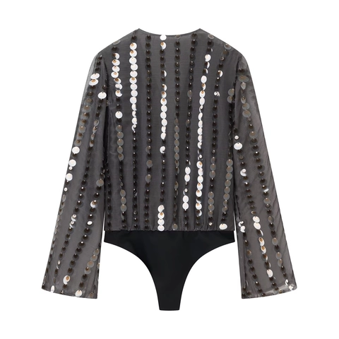 Body Femme Manches Longues Col V Paillettes Mesh Transparent Fête Clubwear Elégant Polyester Top