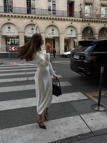 Off The Shoulder Knit Dress Ribbed Long Sleeve Slim Fit Ankle Length Solid Color Elegant Sweater Maxi Gown For Women
