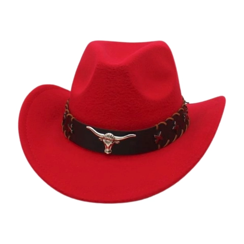 Western Cowboy Hat Faux Suede Wool Felt Bull Head Metal Decor Retro Vintage Outdoor Wide Brim
