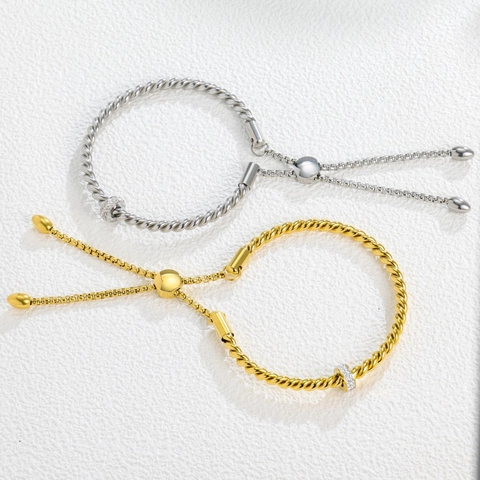 Vintage Twisted Cable Stainless Steel Bracelet With Pave Zircon Adjustable Bolo Bangle For Women
