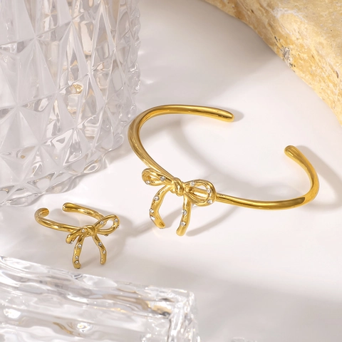 Elegant Bow Bracelet And Ring Stainless Steel Rhinestone 18K Gold Plated Minimalist Jewelry For Women