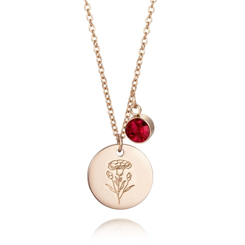 Collana Minimalista in Acciaio Inossidabile Oro Rosa per Donna Con Pendente a Disco Floreale e Strass Pietra di Nascita