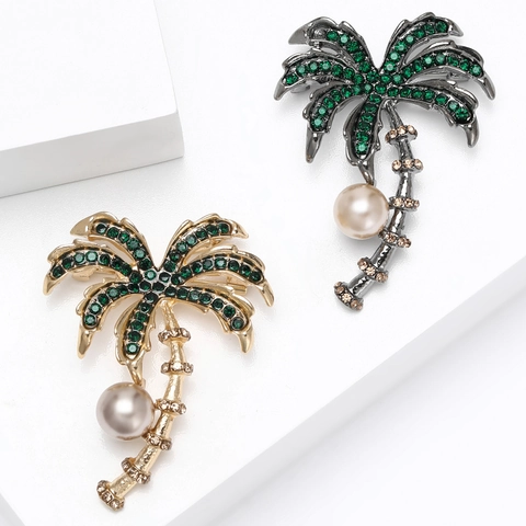 Broche Cocotier Tropical Sertie de Strass Verts Alliage Palmier Broche Avec Faux Perle Pour Femme Mode Foulard Boucle Accessoire