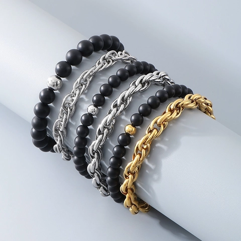 Double Layer Bracelet Stainless Steel Matte Black Beads Punk Retro Style Fashion Jewelry For Men Women