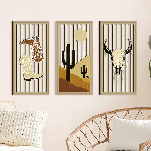 Western Cowboy Wood Wall Art Bohemian Rustic Hollow Out Plaque Desert Cactus Bull Skull Hanging For Home Farmhouse