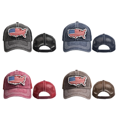 Distressed Washed Cotton Trucker Pet Met USA Vlag Kaart Patch Ademende Mesh Honkbalpet Outdoor Verstelbaar