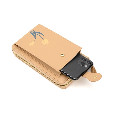 Tulip Print PU Leather Mobile Phone Bag Crossbody Wallet For Women Vertical Square Zipper Small Shoulder Pouch