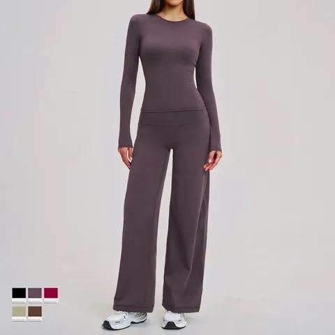 Dames Yoga Sport Kleding Top Met Lange Mouwen En Broek Met Wijde Pijpen Geborsteld Nylon Spandex Hoge Taille Elastisch Trainingspak