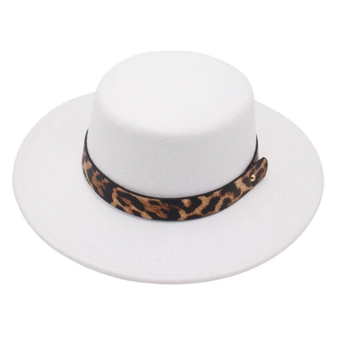 Boater Hat Flat Top Wide Brim Woolen Felt Leopard Print Band Vintage Elegant Fedora For Women