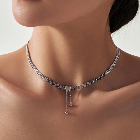 Collana a Forma di Y in Rame e Zirconia con Ciondolo a Farfalla e Nappa Catena a Maglia Cubana Argento Gioielli Donna
