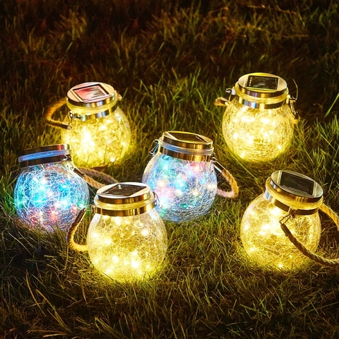 Solar Crackle Glass Jar Hanging Lanterns Waterproof Outdoor Garden Fairy Lights With Hemp Rope Handle For Patio Yard Decor