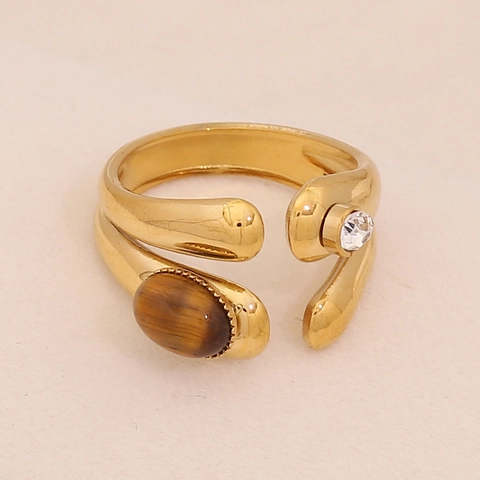 Vintage Bohemian Ring Stainless Steel Natural Tiger Eye Stone Adjustable Open Geometric Retro Jewelry For Women