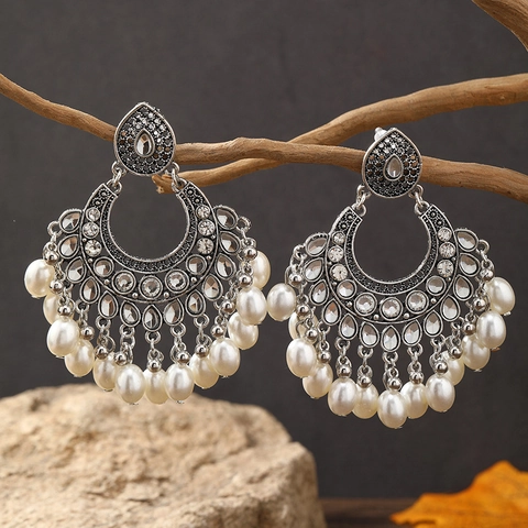 Pendientes De Perlas Artificiales En Forma De Abanico Con Cristales Aleacion Estilo Etnico Bohemio Retro Mujer Poste De Acero Inoxidable