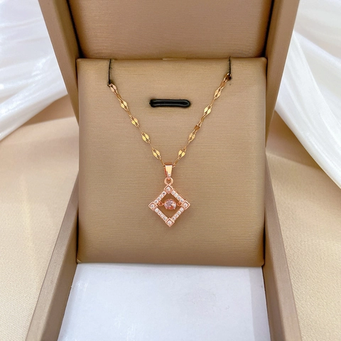 Square Rhombus Pendant Necklace Titanium Steel Chain Copper Micro Inlaid Zircon Dancing Stone Elegant Jewelry For Women