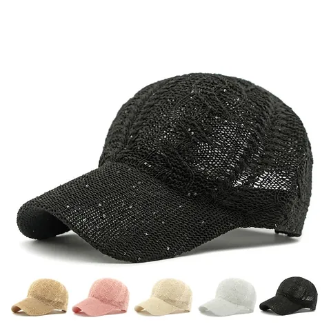 Baseball Cap Knitted Mesh Sequins Breathable Hollow Out Sun Protection Outdoor Casual Sparkly Fashion For Women