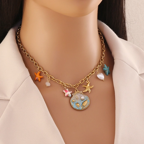 Oceaan Schelp Zeester Hanger Ketting Roestvrij Staal Plastic Strandvakantie Boheemse Stijl Sieraden Voor Dames
