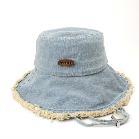 Cappello Alla Pescatora In Denim Distressed Bordo Sfilacciato Tesa Larga Cotone Lavato Protezione Solare Antivento Donna