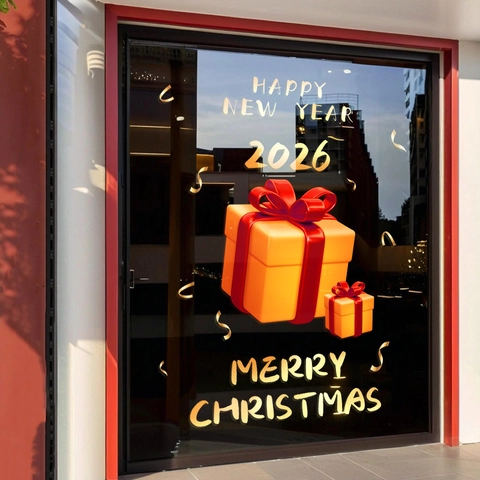 Christmas New Year 2026 Window Stickers Static PVC Clings Double Sided Gold Gift Box Decorative Glass Decals For Malls
