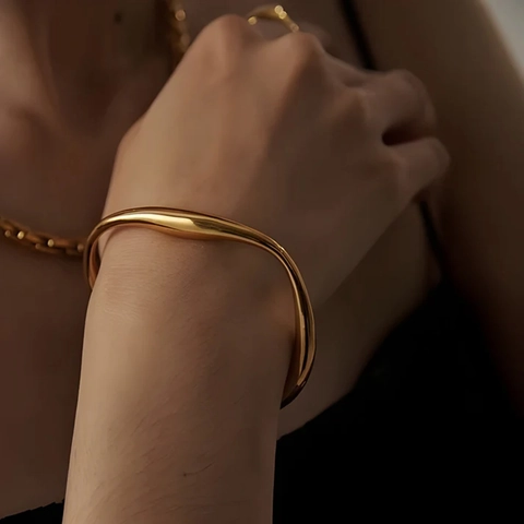 Bracelet Jonc Géométrique Irrégulier Acier Inoxydable Métal Liquide Manchette Ouverte Bijoux Mode Minimalistes Femmes