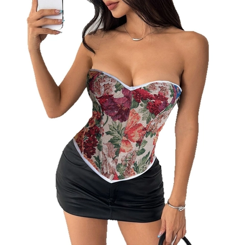 Top Corsetto Jacquard Floreale Vintage Senza Spalline Stringato Stecche Gilet Aderente Da Donna
