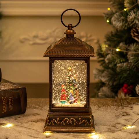 Farol De Bola De Nieve De Navidad LED Iluminado Lámpara De Agua Con Purpurina Vintage Bronce Adorno Musical Festivo