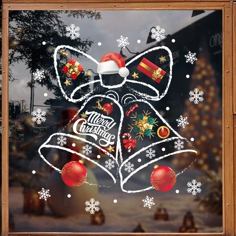 Christmas Window Static Stickers PVC Reusable Glass Decals Bell Snowflake Bow Shop Showcase Double Sided Decor