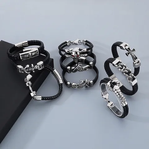Bracciale In Pelle Intrecciata Da Uomo Acciaio Inossidabile 316L Punk Teschio Scorpione Ancora Gioielli Biker Stile Rock Retro