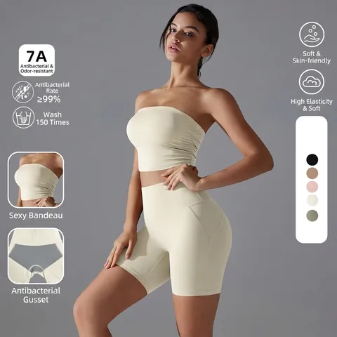 Yoga Donna Top Tubo E Pantaloncini Biker Vita Alta Traspirante Antibatterico Sportivo Senza Cuciture Sport