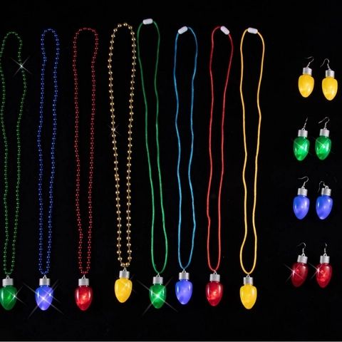 Collar Y Pendientes De Bombilla De Navidad Con Luz LED Accesorios Para Fiestas Festivas Cadena De Cuentas De Plástico