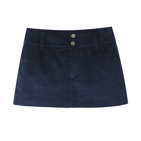 Corduroy Mini Skirt High Waist Double Button With Pockets Solid Color Polyester Vintage Casual Streetwear For Women