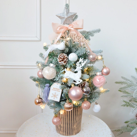 Árbol De Navidad Artificial Miniatura Efecto Nieve Con Luces LED Pino De Escritorio En Maceta Dorada Vintage