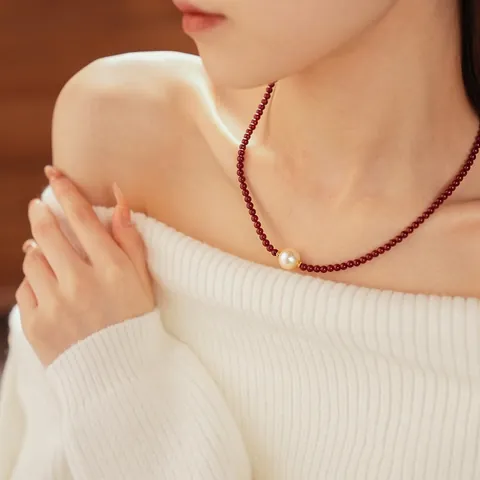 Collar De Cuentas Rojas Con Colgante De Perla Artificial Sintética Estilo Chino Retro Joyería De Cobre Bañado En Oro Para Mujer