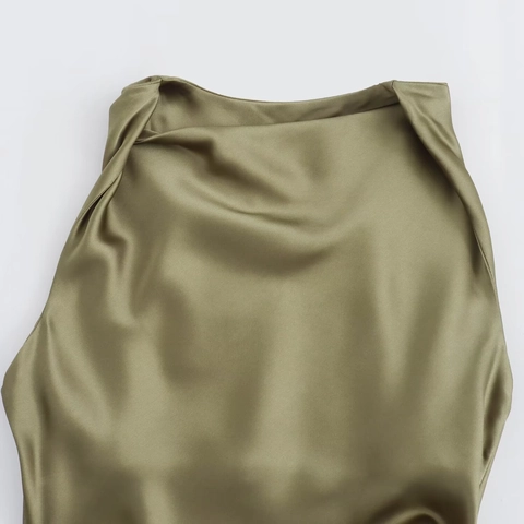 Abito Midi da Donna Elegante in Raso con Scollo a Cappuccio Senza Maniche Arricciatura Laterale Bodycon Festa Formale Cocktail Tinta Unita