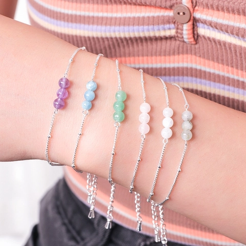Minimalist Natural Stone Beaded Bracelet Stainless Steel Chain Multiple Colors Adjustable For Women Fashion Jewelry