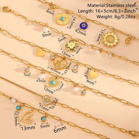 Pulsera De Acero Inoxidable Para Mujer Chapado En Oro Corazón Ojo Malvado Girasol Charms Cadena Clip Boho Estilo Vintage