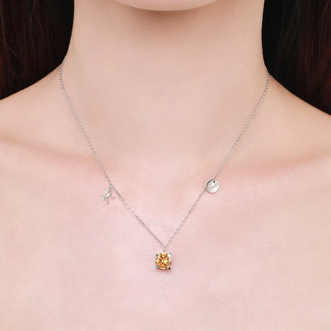 Collana Segno Pesci Argento 925 Zircone Champagne Pietra Rotonda Pendente Disco Stellato Per Donna Personalizzata