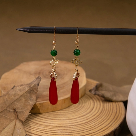 Orecchini Stile Cinese Vintage Nuvola Auspicante Goccia D'acqua Lega Rosso Verde Pendente Per Donne Accessorio