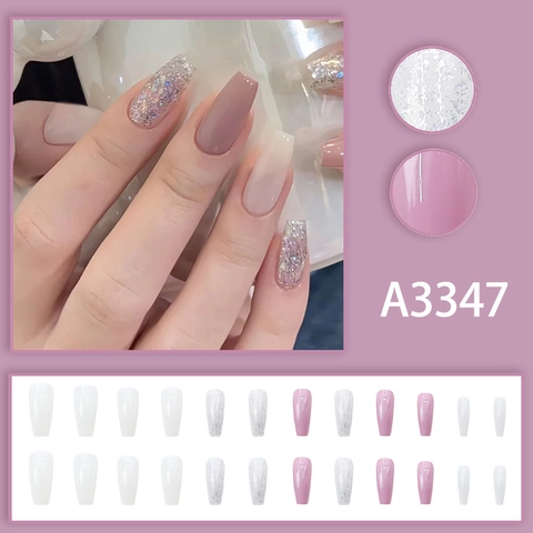 Long Coffin Press On Nails Glitter Gradient Dreamy Purple Pink Elegant Sweet Fake Nails For Women