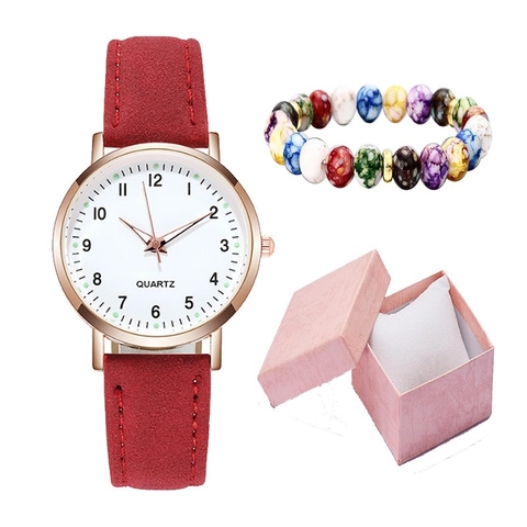 Orologio Da Donna Al Quarzo E Braccialetto Di Perline Numeri Arabi Luminosi Cinturino In Camoscio Opaco Stile Vintage