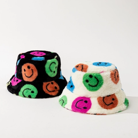 Winter Bucket Hat Plush Faux Fur Warm Soft Colorful Smile Face Print Fisherman Cap For Women Outdoor Streetwear
