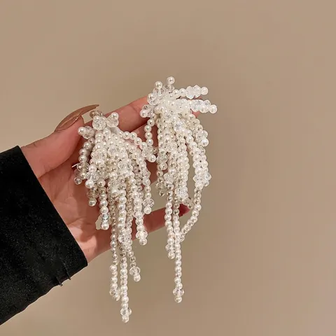 Barock Blume Künstliche Perle Quasten Ohrringe Mit Transparenten Kristall Lange Statement Schmuck Damen Silver Earring Post