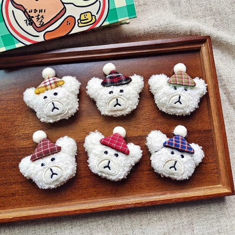 Testa Di Orsetto Di Peluche Kawaii Con Cappello A Quadri Accessori DIY Per Mollette Capelli Spilla Stile Cartone Animato