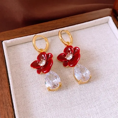 Vintage Flower Hoop Drop Earrings Copper 18K Gold Plated Red Enamel Teardrop Zircon Elegant Jewelry For Women