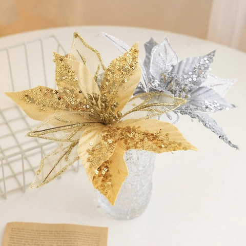Artificial Christmas Flower Poinsettia Glitter Hollow Mesh Ornament For Christmas Tree Wreath Party Decoration